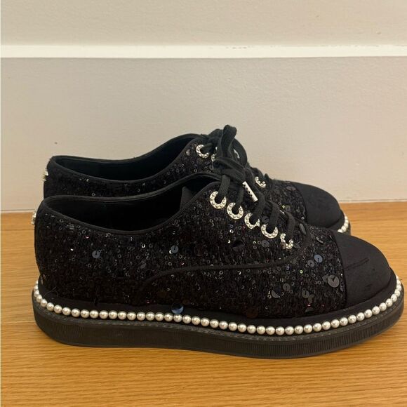 Chanel Black Sequin Oxford Sneakers with Pearl Detailing - Picture 3 of 6